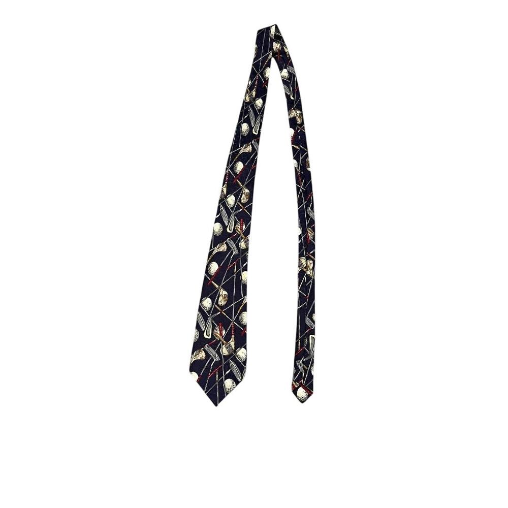 Golf Clubs & Balls Silk Necktie Navy Blue Tan Red Novelty Sports Tie 57" Korea